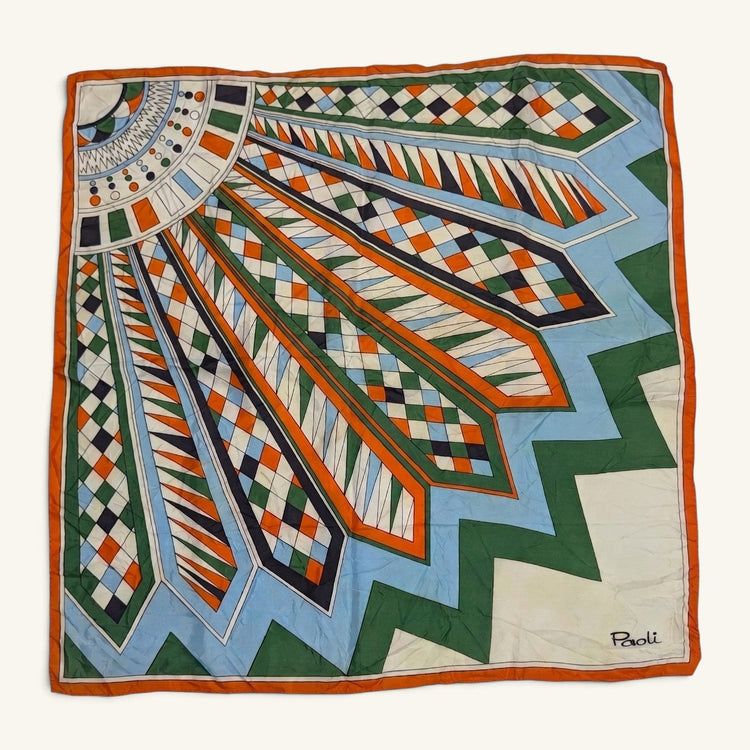 RecloStudio Paoli Vintage Halstuch aus Polyester mit geometrischem Muster in Orange, Grün und Blau, 55x55 cm