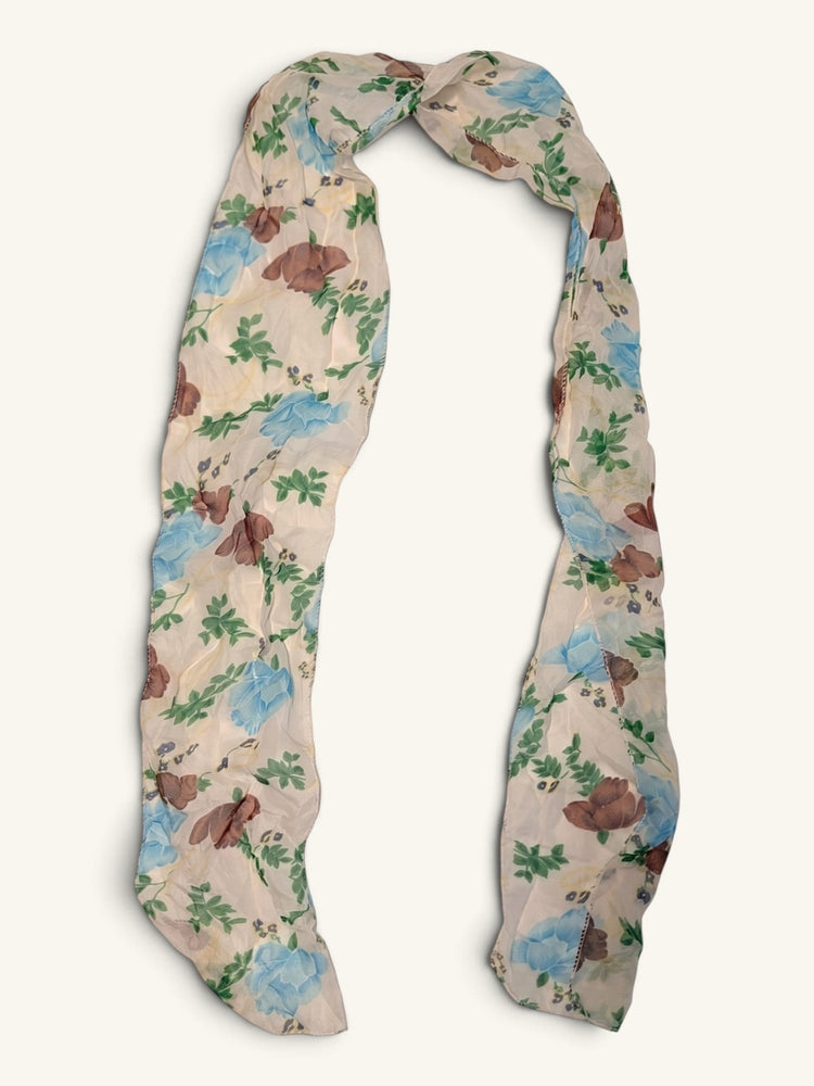 RecloStudio Vintage Schal aus Polyester mit zartem Blumenmuster in Blau und Braun auf hellem Grund