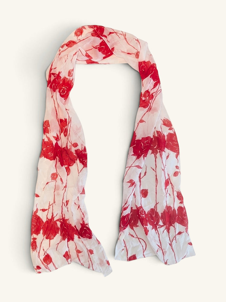 RecloStudio Vintage Schal aus Polyester mit rotem Rosen-Muster auf weißem Grund und zartem Schimmer