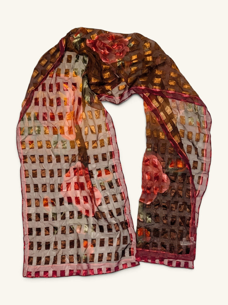 RecloStudio Vintage Schal aus Polyester mit braunem Karomuster und floralem Rosen-Print in zartem Schimmer