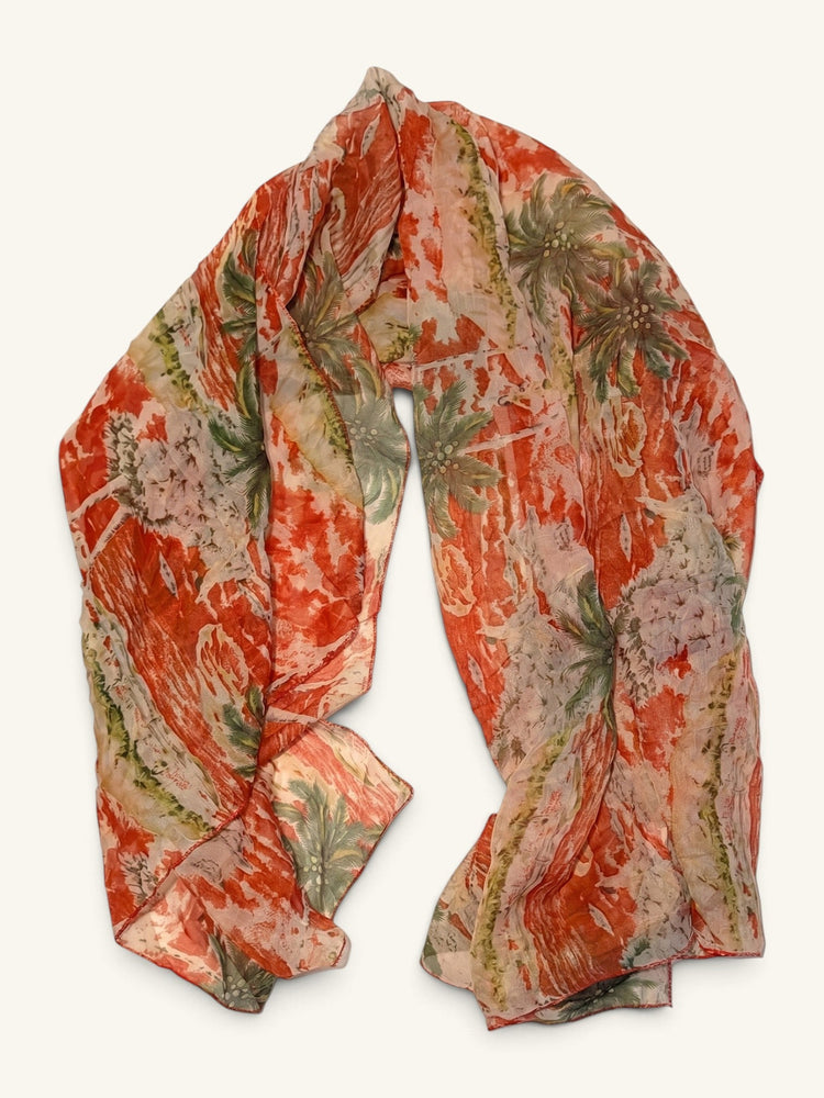 RecloStudio Vintage Schal aus Polyester mit tropischem Palmenmuster in Orange und Grün, 90x140 cm.
